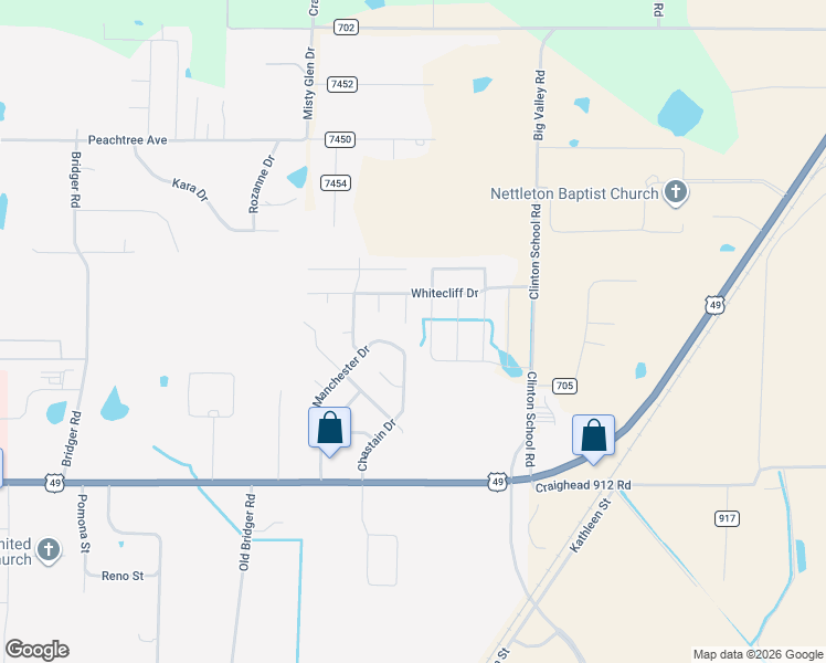 map of restaurants, bars, coffee shops, grocery stores, and more near 2516 Chastain Drive in Jonesboro