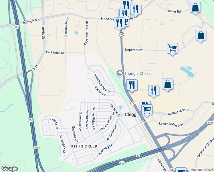 map of restaurants, bars, coffee shops, grocery stores, and more near 711 Keystone Park Drive in Morrisville