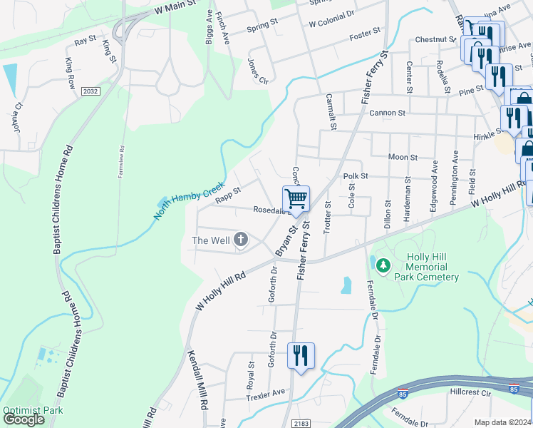 map of restaurants, bars, coffee shops, grocery stores, and more near 701 Rosedale Drive in Thomasville