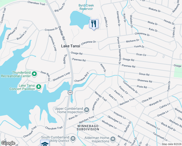 map of restaurants, bars, coffee shops, grocery stores, and more near 1531 Cherokee Road East in Crossville