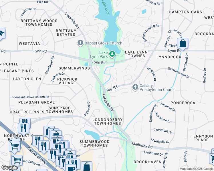 map of restaurants, bars, coffee shops, grocery stores, and more near 204 Oak Hollow Court in Raleigh