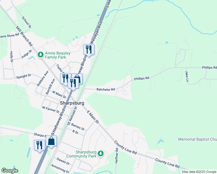 map of restaurants, bars, coffee shops, grocery stores, and more near 600 Batchelor Road in Rocky Mount