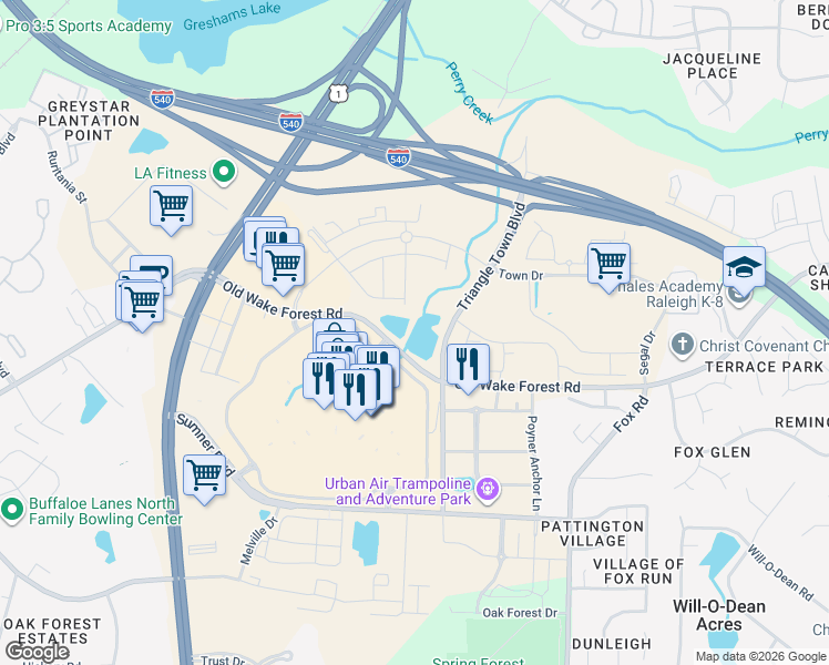 map of restaurants, bars, coffee shops, grocery stores, and more near 7651 Old Wake Forest Road in Raleigh