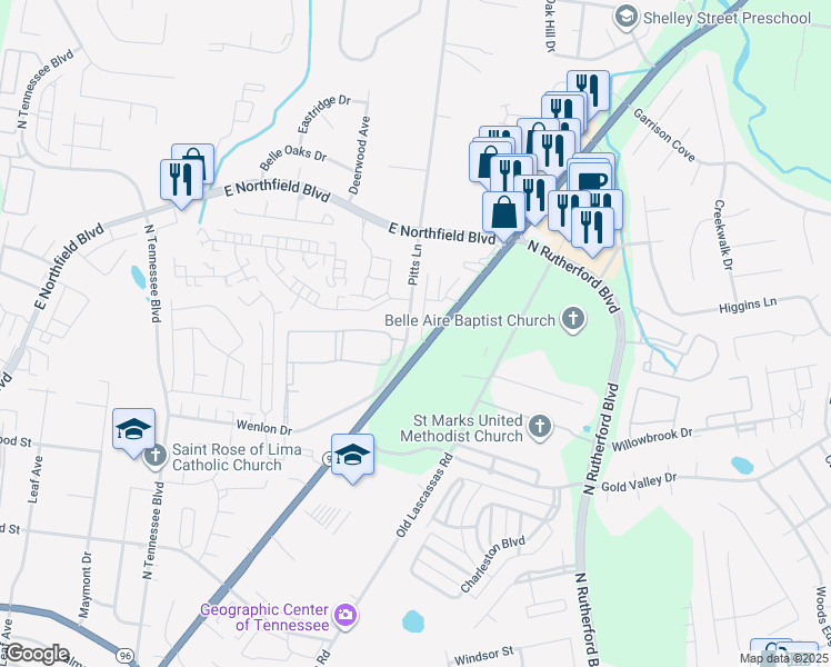 map of restaurants, bars, coffee shops, grocery stores, and more near 1733 Pitts Lane in Murfreesboro