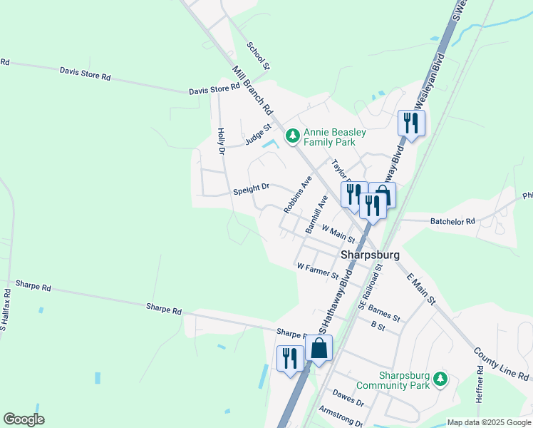 map of restaurants, bars, coffee shops, grocery stores, and more near 701 West Main Street in Rocky Mount