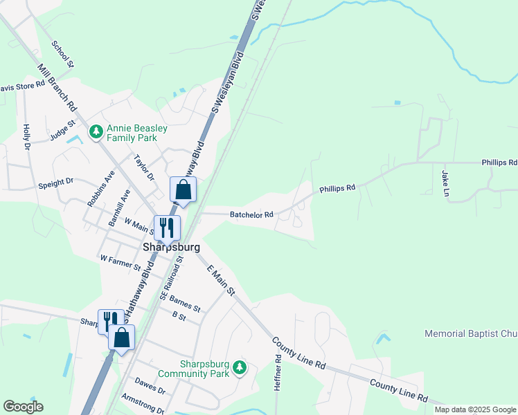 map of restaurants, bars, coffee shops, grocery stores, and more near 600 Batchelor Road in Rocky Mount