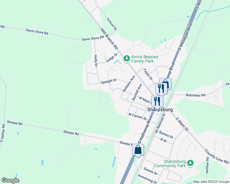 map of restaurants, bars, coffee shops, grocery stores, and more near 701 West Main Street in Rocky Mount
