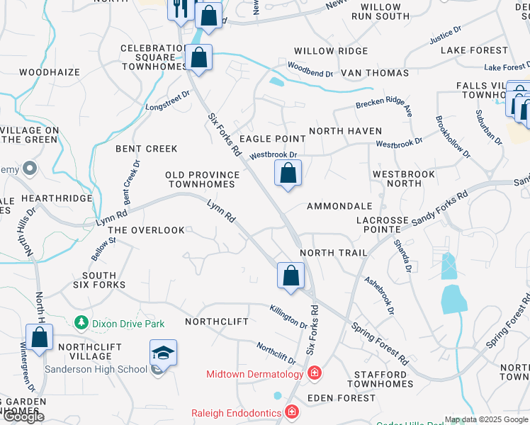 map of restaurants, bars, coffee shops, grocery stores, and more near 6501 Six Forks Road in Raleigh