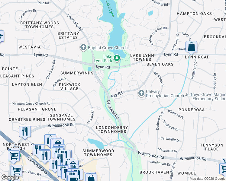 map of restaurants, bars, coffee shops, grocery stores, and more near 205 Autumn Chase Drive in Raleigh