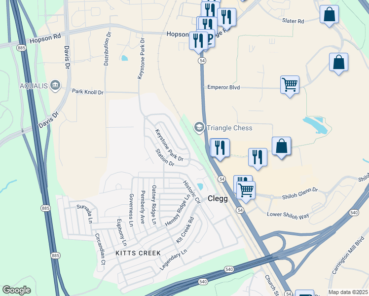 map of restaurants, bars, coffee shops, grocery stores, and more near 70596 Keystone Park Drive in Morrisville