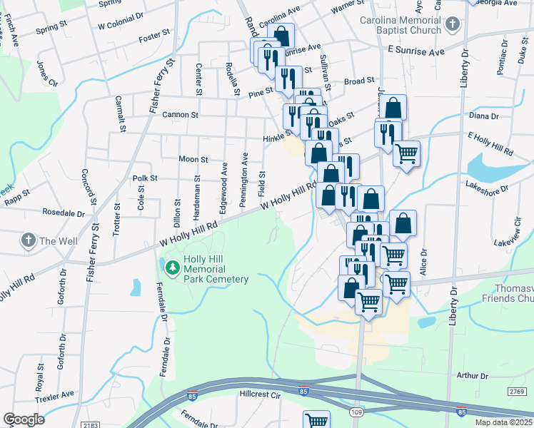 map of restaurants, bars, coffee shops, grocery stores, and more near 6 Curtis Court in Thomasville