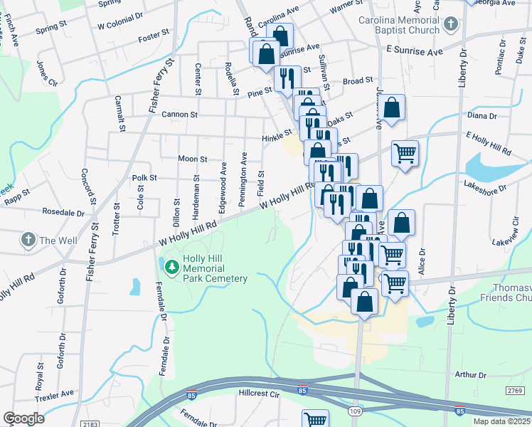 map of restaurants, bars, coffee shops, grocery stores, and more near 6 Curtis Court in Thomasville