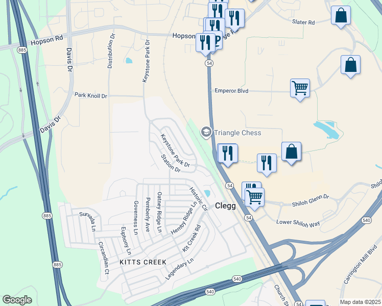 map of restaurants, bars, coffee shops, grocery stores, and more near 70596 Keystone Park Drive in Morrisville