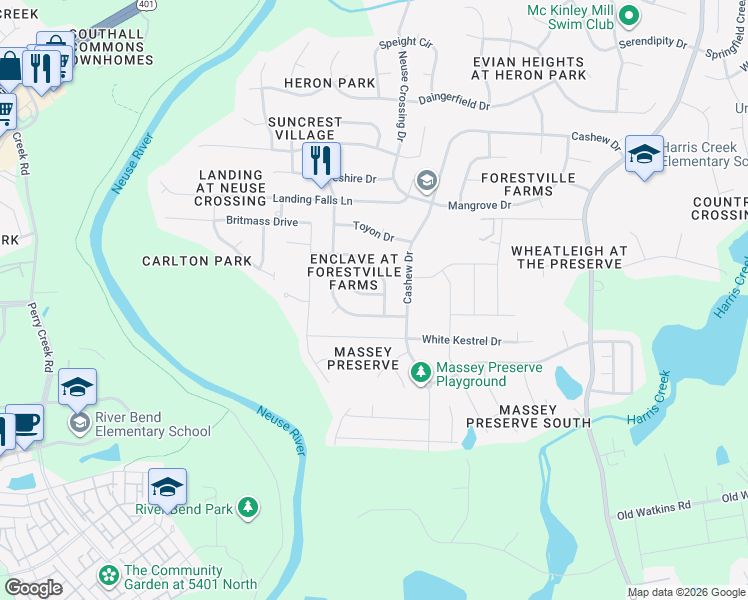 map of restaurants, bars, coffee shops, grocery stores, and more near 3824 Chokecherry Lane in Raleigh