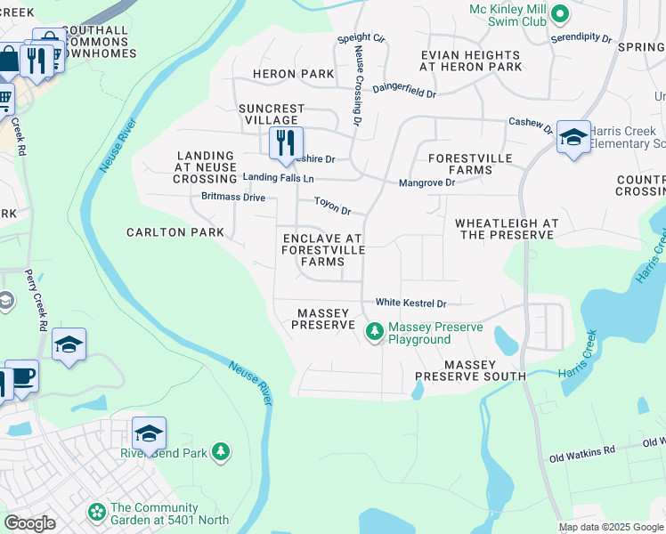 map of restaurants, bars, coffee shops, grocery stores, and more near 3824 Chokecherry Lane in Raleigh