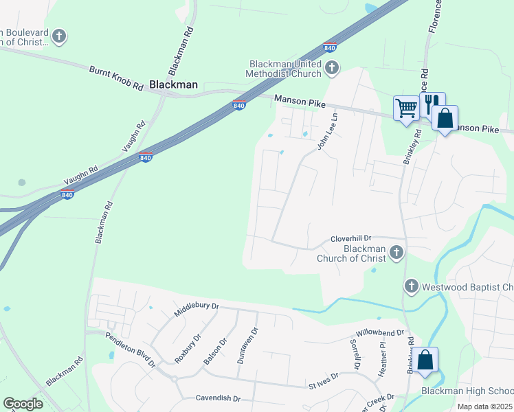 map of restaurants, bars, coffee shops, grocery stores, and more near Burrows Avenue in Murfreesboro