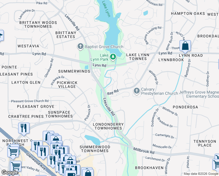 map of restaurants, bars, coffee shops, grocery stores, and more near 205 Autumn Chase Drive in Raleigh