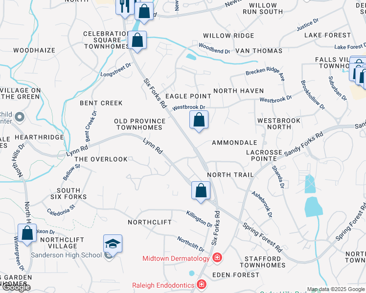 map of restaurants, bars, coffee shops, grocery stores, and more near 6501 Six Forks Road in Raleigh