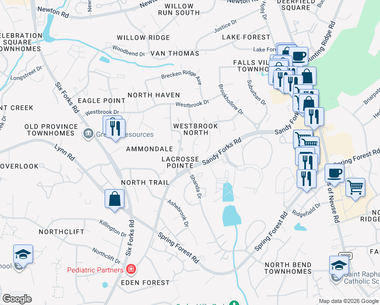 map of restaurants, bars, coffee shops, grocery stores, and more near 505 Sierra Vista Way in Raleigh