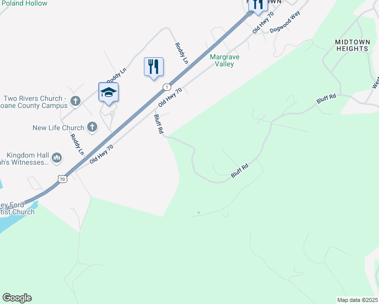 map of restaurants, bars, coffee shops, grocery stores, and more near 2287 Bluff Road in Harriman