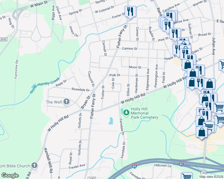 map of restaurants, bars, coffee shops, grocery stores, and more near 407 Kendall Street in Thomasville