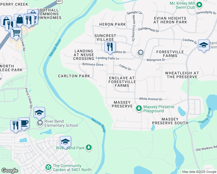 map of restaurants, bars, coffee shops, grocery stores, and more near 3605 Massey Ridge Court in Raleigh