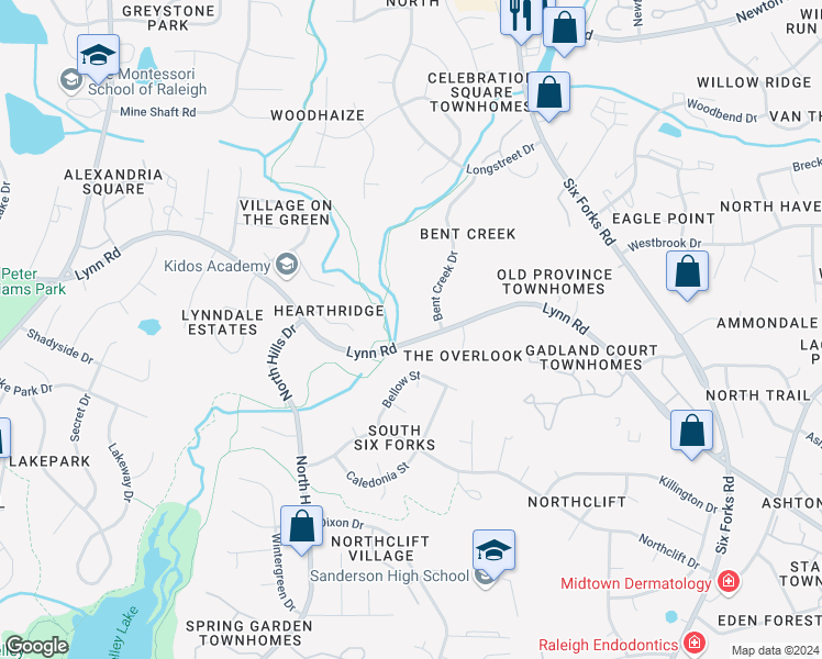 map of restaurants, bars, coffee shops, grocery stores, and more near 6408 English Oaks Drive in Raleigh