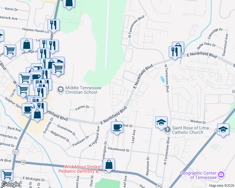 map of restaurants, bars, coffee shops, grocery stores, and more near 837 East Northfield Boulevard in Murfreesboro