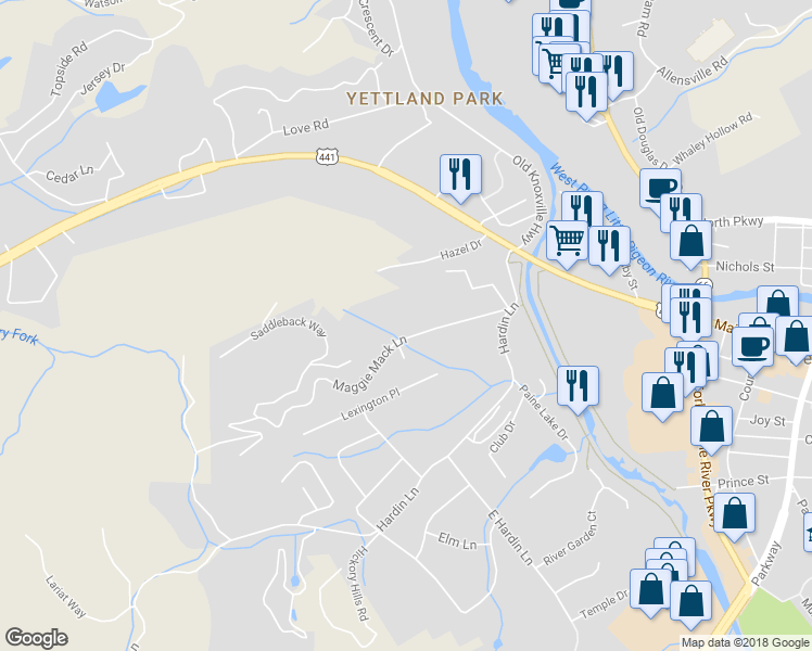 map of restaurants, bars, coffee shops, grocery stores, and more near 228 Maggie Mack Lane in Sevierville