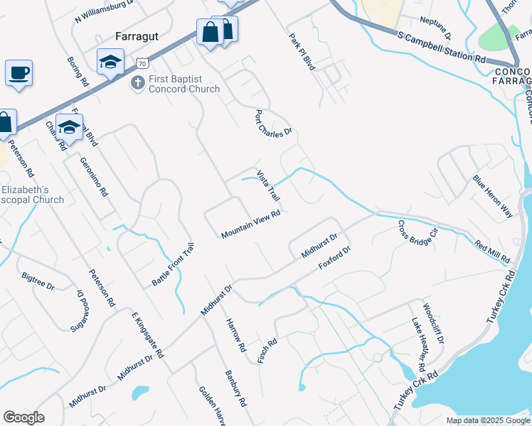 map of restaurants, bars, coffee shops, grocery stores, and more near 11609 Mountain View Road in Knoxville