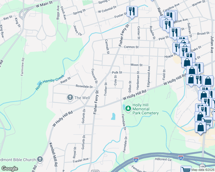 map of restaurants, bars, coffee shops, grocery stores, and more near 407 Kendall Street in Thomasville