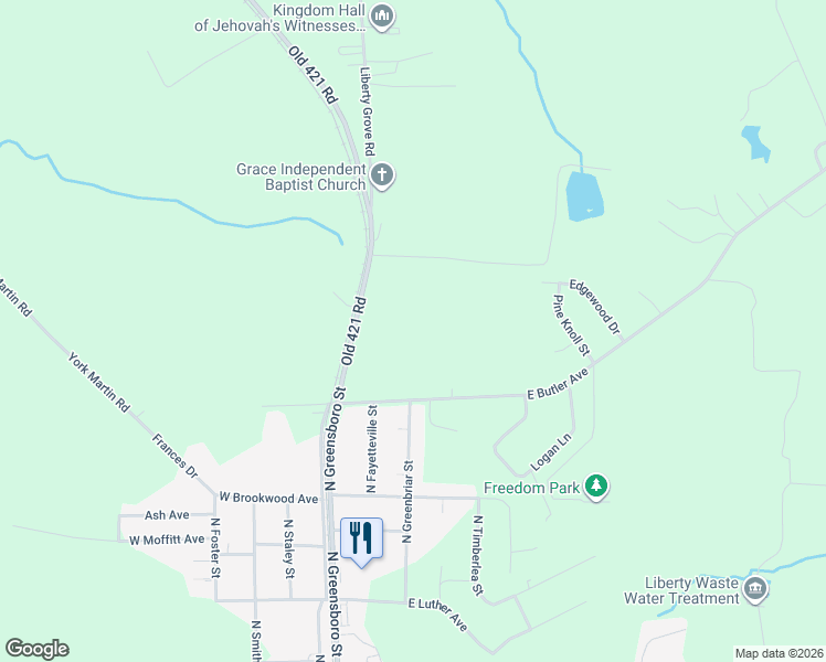 map of restaurants, bars, coffee shops, grocery stores, and more near 5506 Old 421 Road in Liberty