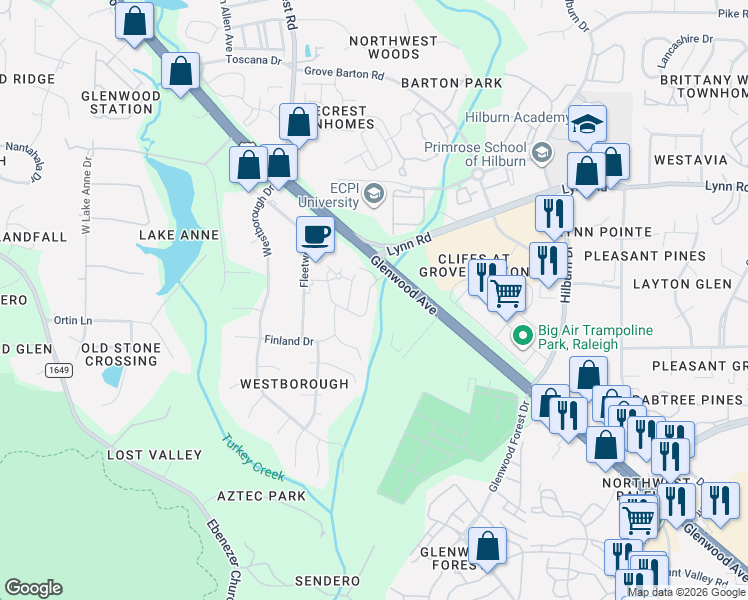 map of restaurants, bars, coffee shops, grocery stores, and more near 7819 Allscott Way in Raleigh
