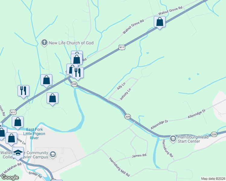 map of restaurants, bars, coffee shops, grocery stores, and more near 1815 Ally Lane in Sevierville
