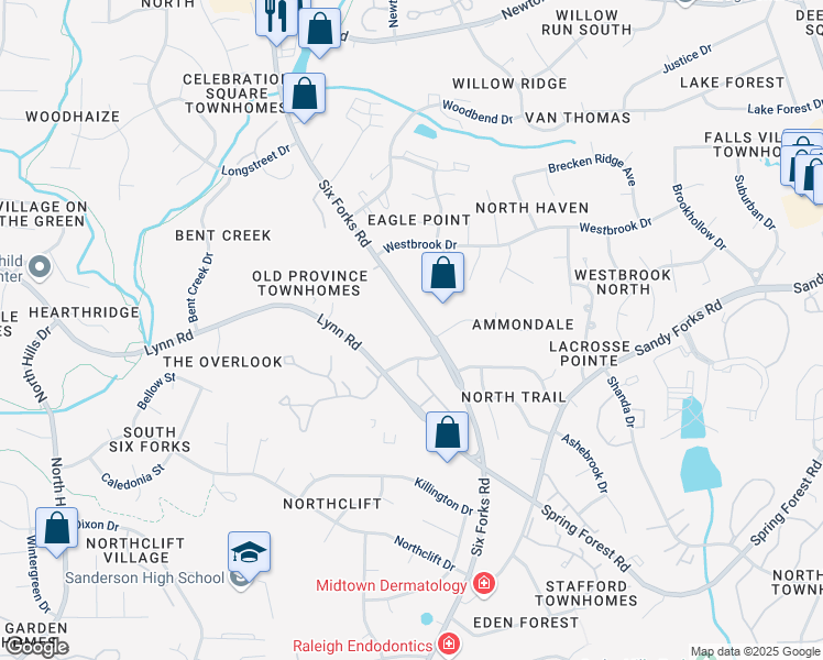 map of restaurants, bars, coffee shops, grocery stores, and more near 6501 Six Forks Road in Raleigh