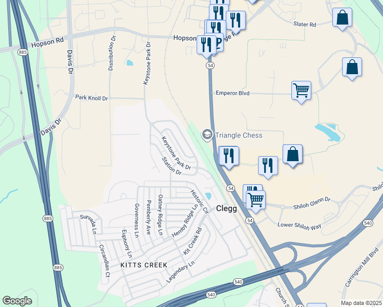 map of restaurants, bars, coffee shops, grocery stores, and more near 70596 Keystone Park Drive in Morrisville