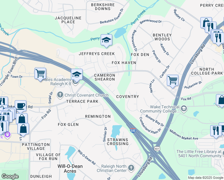 map of restaurants, bars, coffee shops, grocery stores, and more near 6901 Glenferrie Court in Raleigh