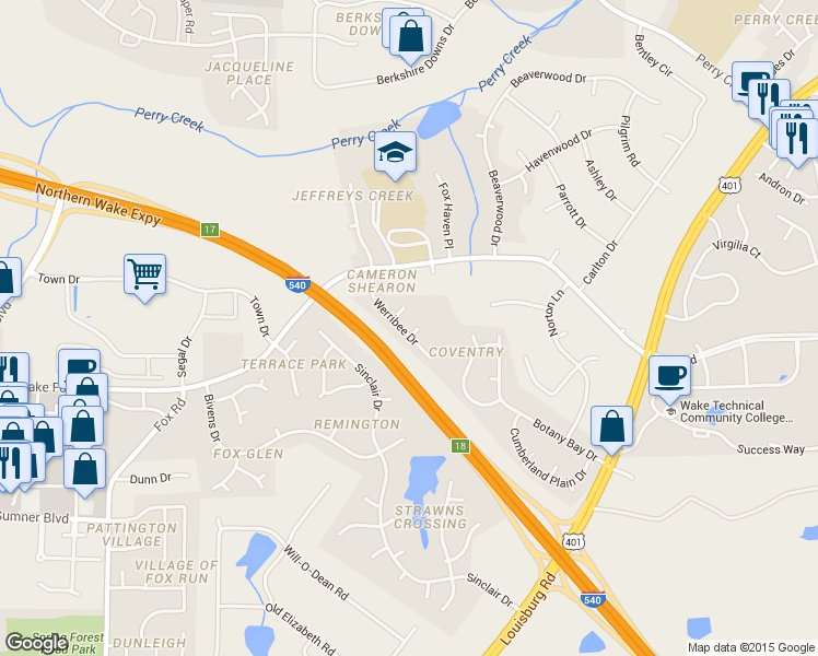 map of restaurants, bars, coffee shops, grocery stores, and more near 6901 Glenferrie Court in Raleigh