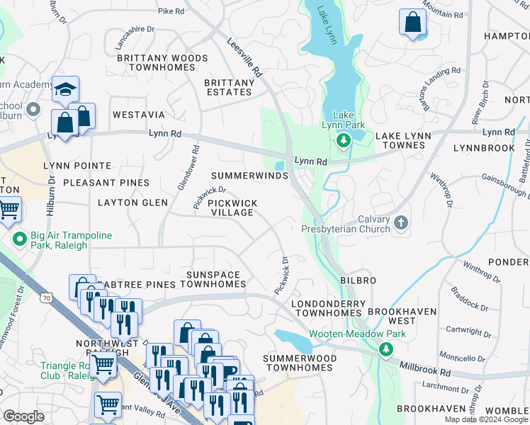 map of restaurants, bars, coffee shops, grocery stores, and more near 4308 Pickwick Drive in Raleigh