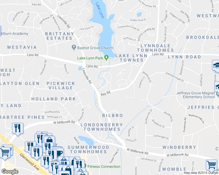 map of restaurants, bars, coffee shops, grocery stores, and more near 205 Autumn Chase Drive in Raleigh