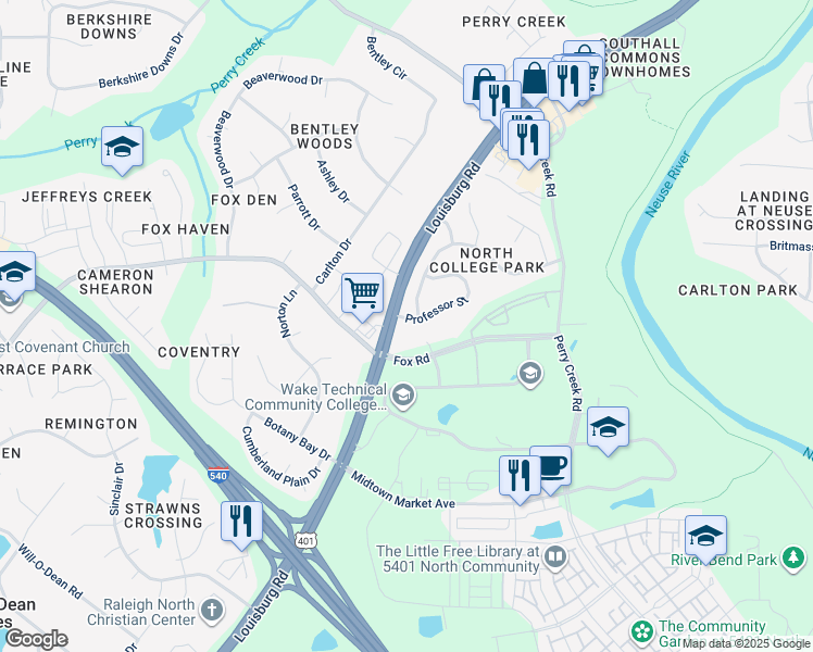 map of restaurants, bars, coffee shops, grocery stores, and more near 6504 Professor Street in Raleigh