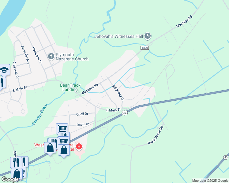map of restaurants, bars, coffee shops, grocery stores, and more near 201 Ridgeway Drive in Plymouth