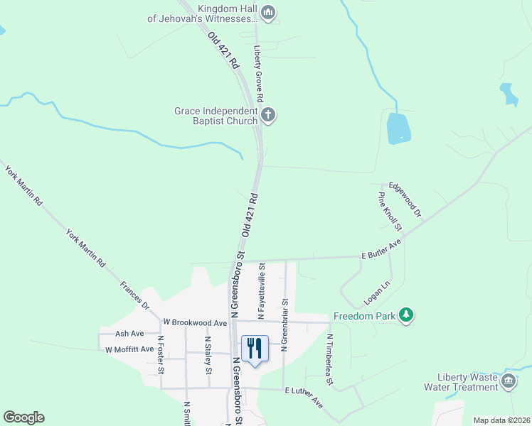 map of restaurants, bars, coffee shops, grocery stores, and more near 5506 Old 421 Road in Liberty