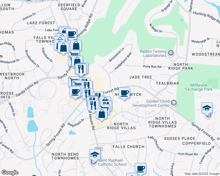 map of restaurants, bars, coffee shops, grocery stores, and more near 6319 New Market Way in Raleigh