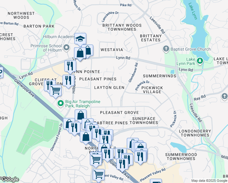 map of restaurants, bars, coffee shops, grocery stores, and more near 4504 Printer Lane in Raleigh