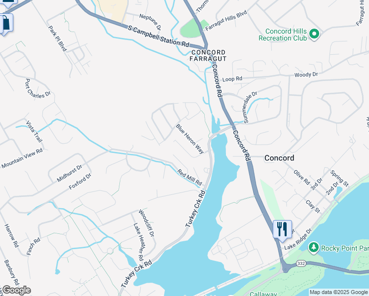 map of restaurants, bars, coffee shops, grocery stores, and more near 720 Harbor Way in Knoxville