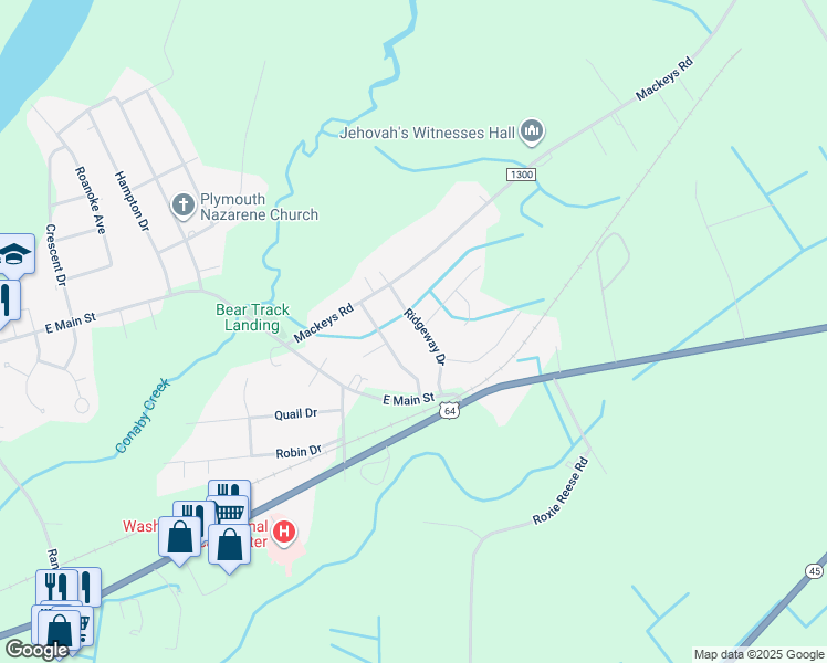 map of restaurants, bars, coffee shops, grocery stores, and more near 201 Ridgeway Drive in Plymouth