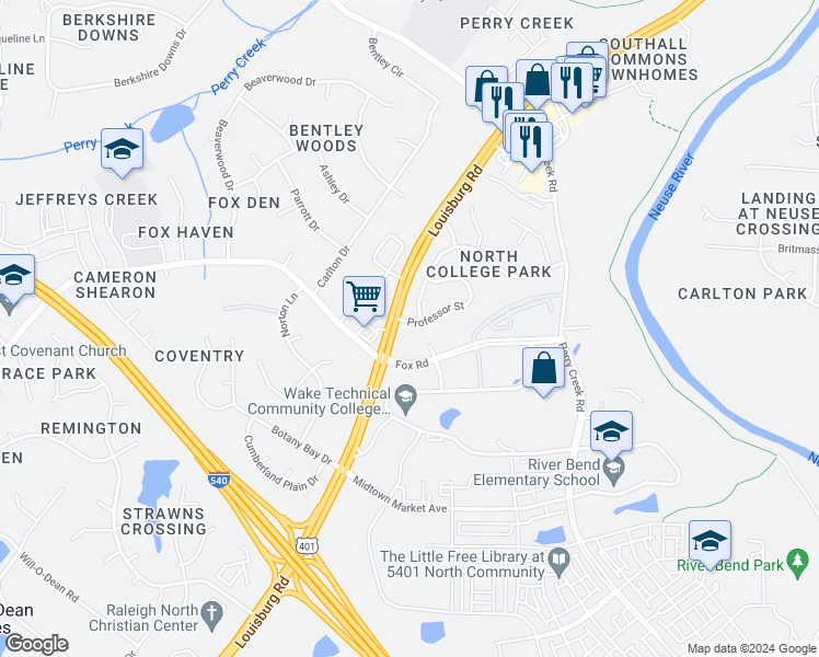 map of restaurants, bars, coffee shops, grocery stores, and more near 6504 Professor Street in Raleigh