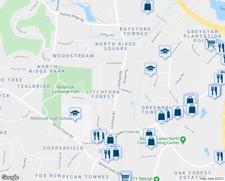 map of restaurants, bars, coffee shops, grocery stores, and more near 6513 Litchford Road in Raleigh