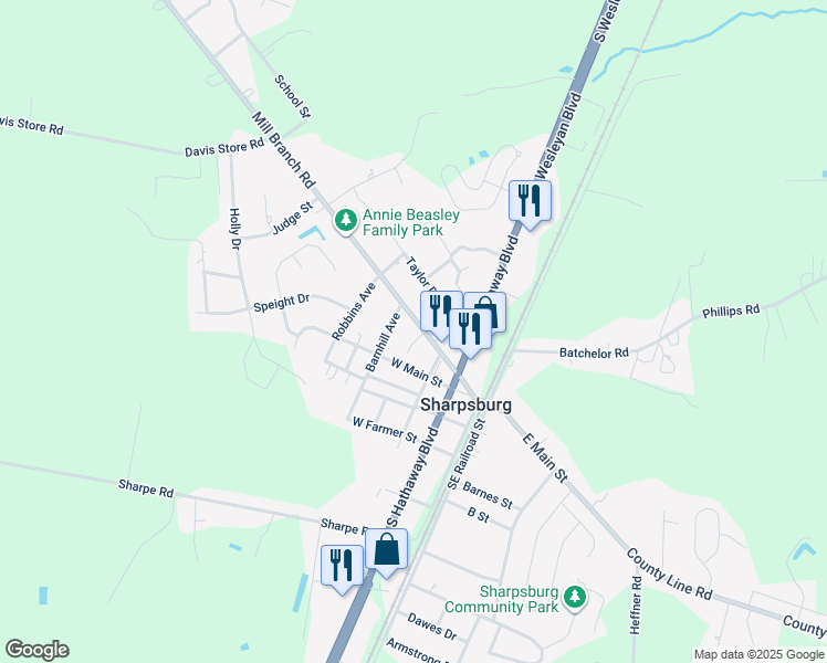 map of restaurants, bars, coffee shops, grocery stores, and more near 108 Laurie Drive in Rocky Mount